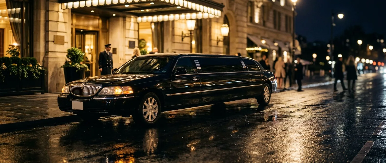 Black luxury stretch limousine at night in Ajax